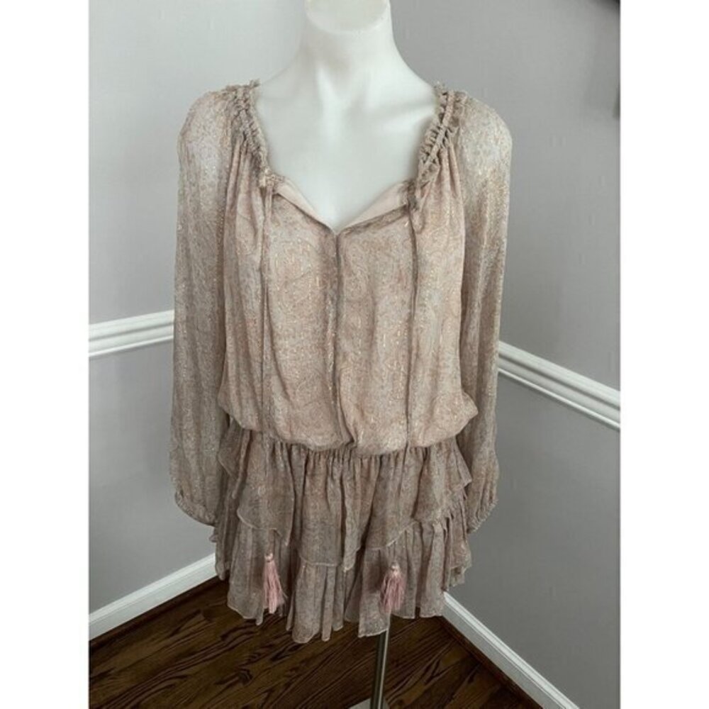 LOVESHACKFANCY Popover Silk Metallic Floral Long Sleeve Ruffle Mini Dres…